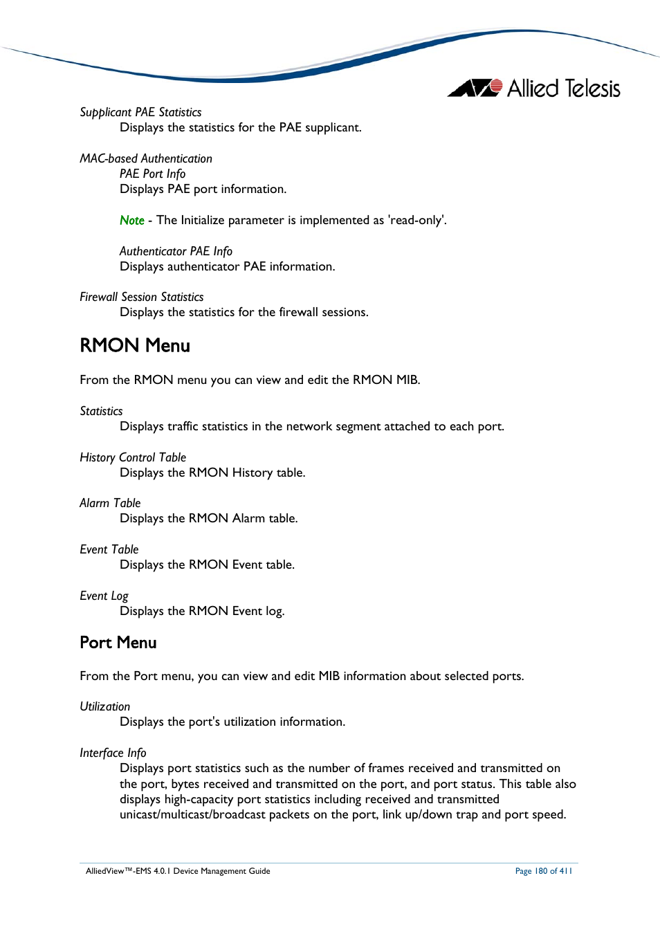 Rmon menu, Port menu | Allied Telesis AlliedView-EMS 4.0.1 DEVICE MANAGEMENT User Manual | Page 180 / 411