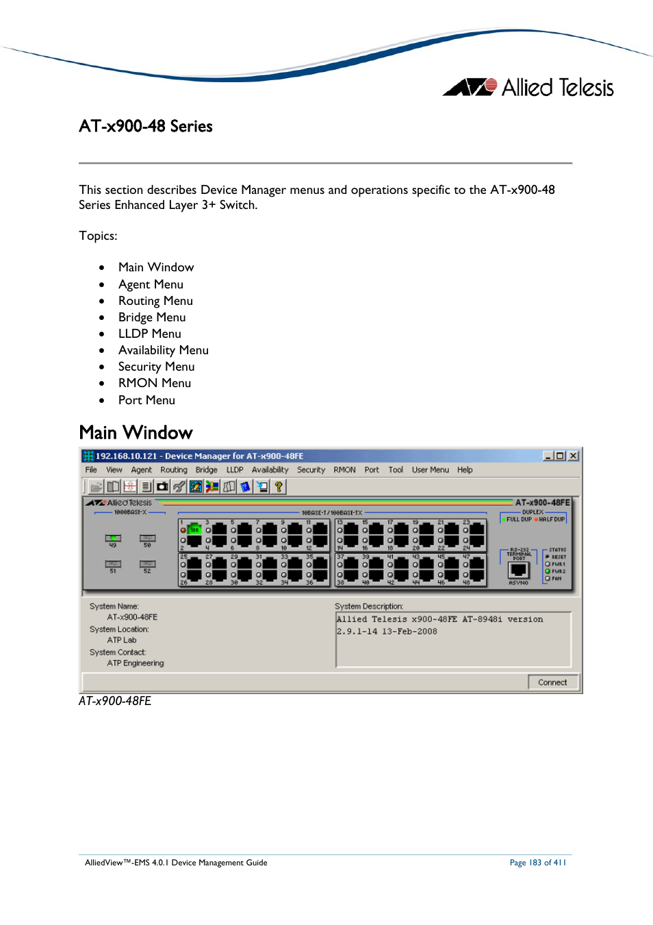 At-x900-48 series, Main window, Eries | Allied Telesis AlliedView-EMS 4.0.1 DEVICE MANAGEMENT User Manual | Page 183 / 411