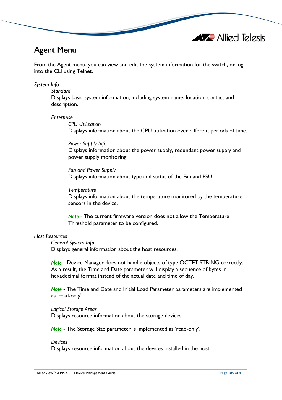 Agent menu | Allied Telesis AlliedView-EMS 4.0.1 DEVICE MANAGEMENT User Manual | Page 185 / 411