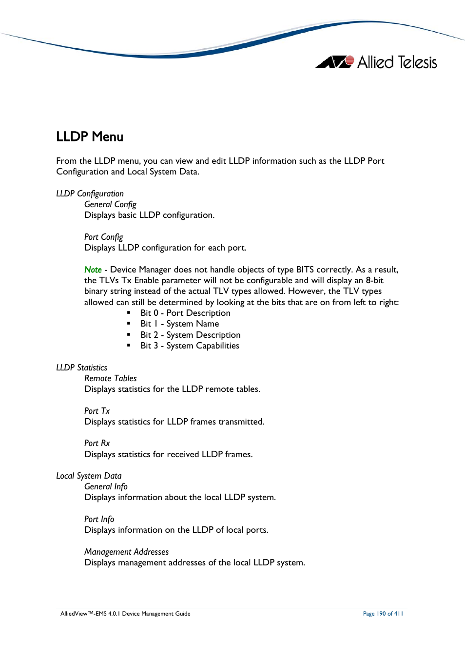 Lldp menu | Allied Telesis AlliedView-EMS 4.0.1 DEVICE MANAGEMENT User Manual | Page 190 / 411