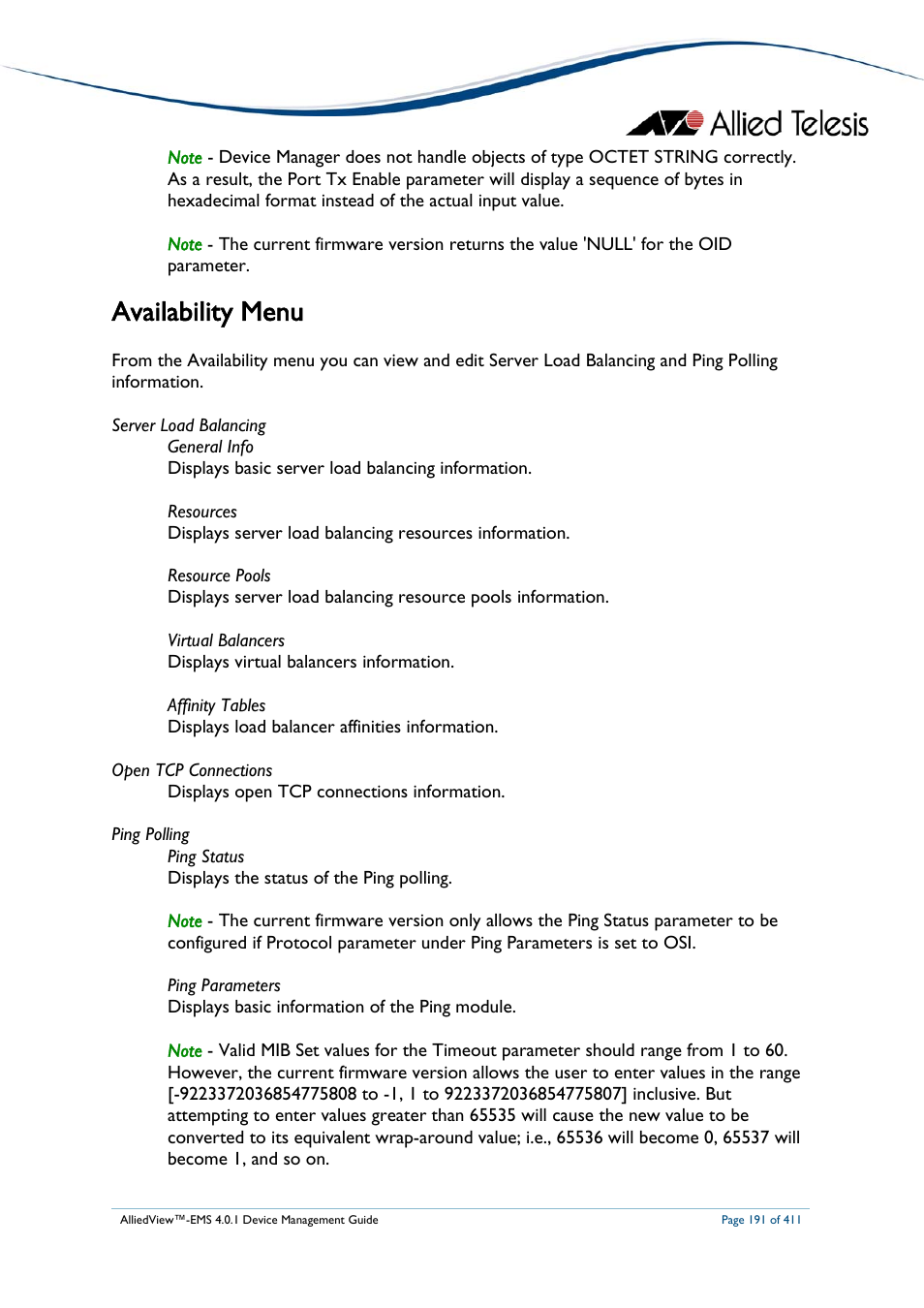 Availability menu | Allied Telesis AlliedView-EMS 4.0.1 DEVICE MANAGEMENT User Manual | Page 191 / 411