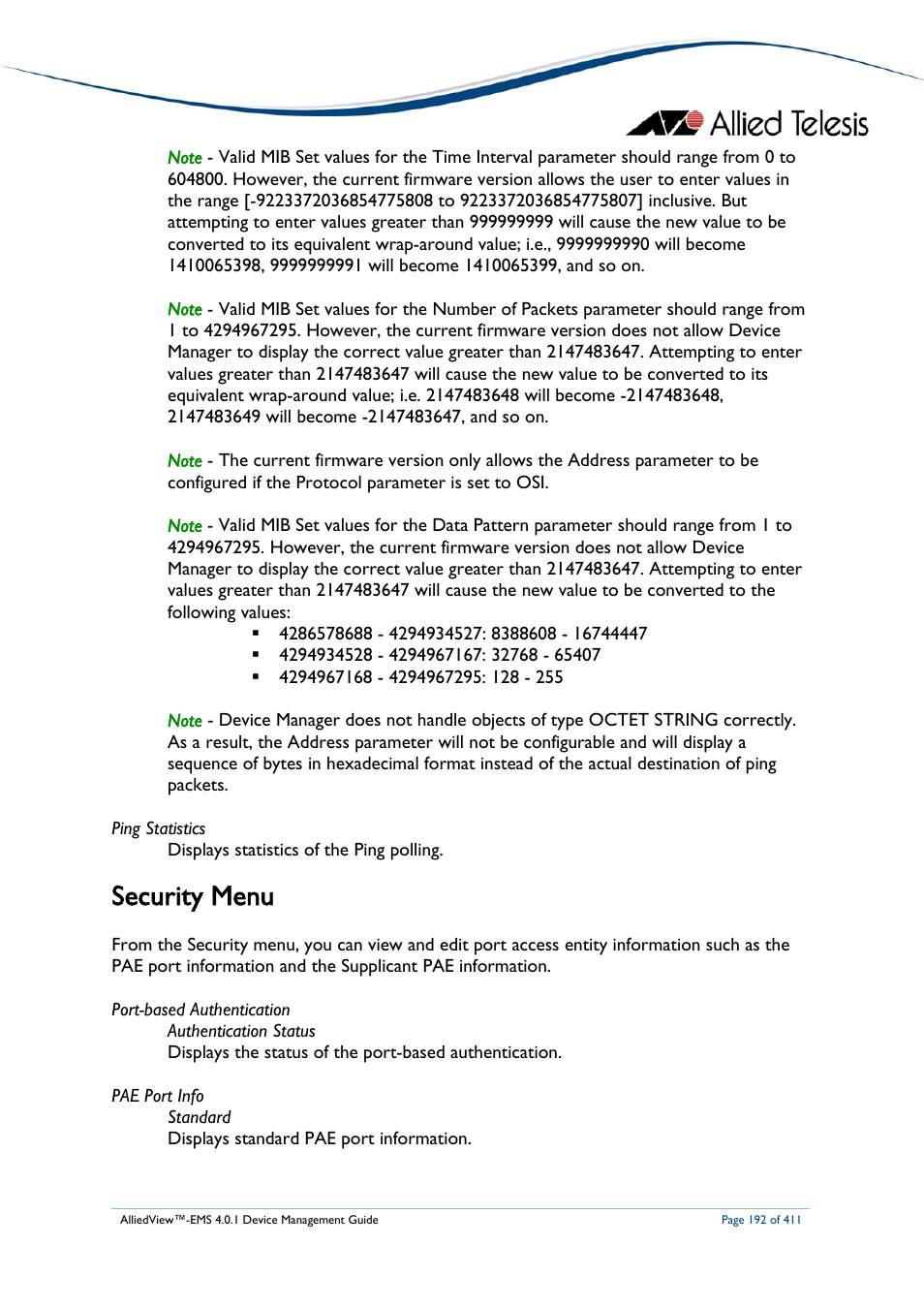 Security menu | Allied Telesis AlliedView-EMS 4.0.1 DEVICE MANAGEMENT User Manual | Page 192 / 411