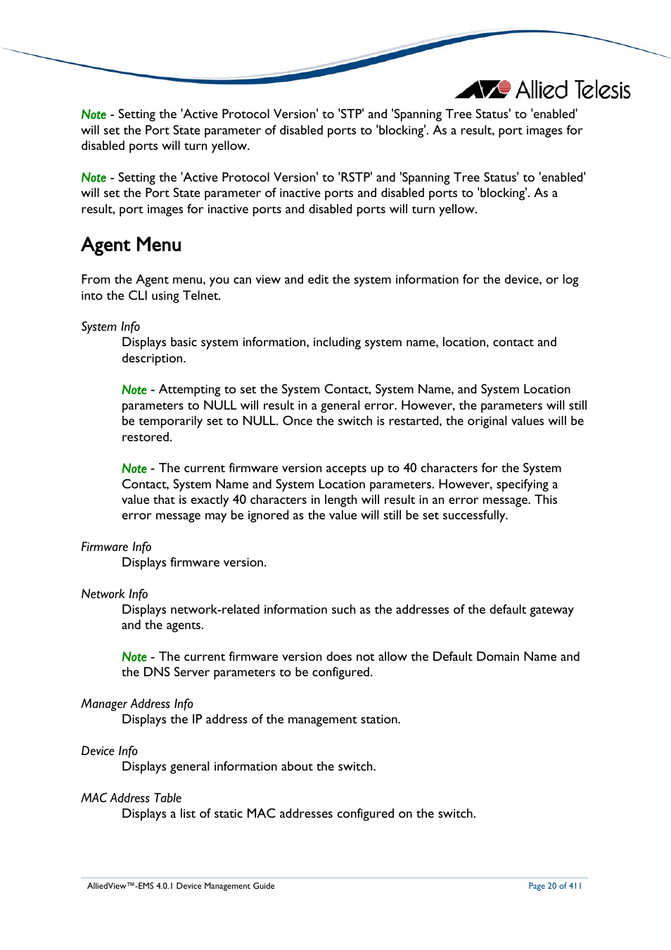 Agent menu | Allied Telesis AlliedView-EMS 4.0.1 DEVICE MANAGEMENT User Manual | Page 20 / 411