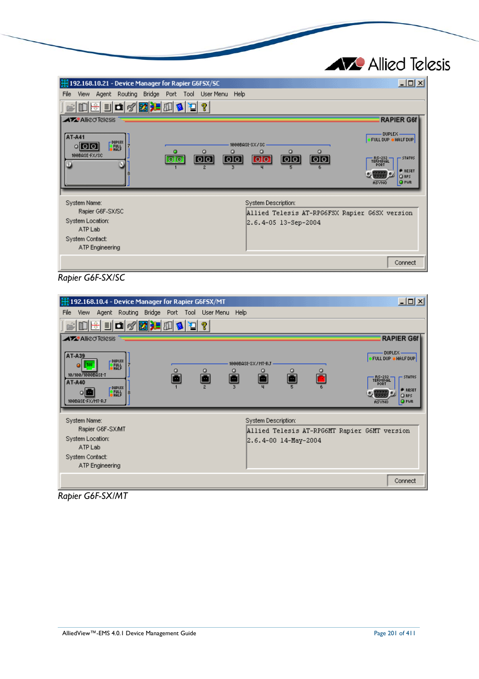 Rapier g6f-sx/sc rapier g6f-sx/mt | Allied Telesis AlliedView-EMS 4.0.1 DEVICE MANAGEMENT User Manual | Page 201 / 411