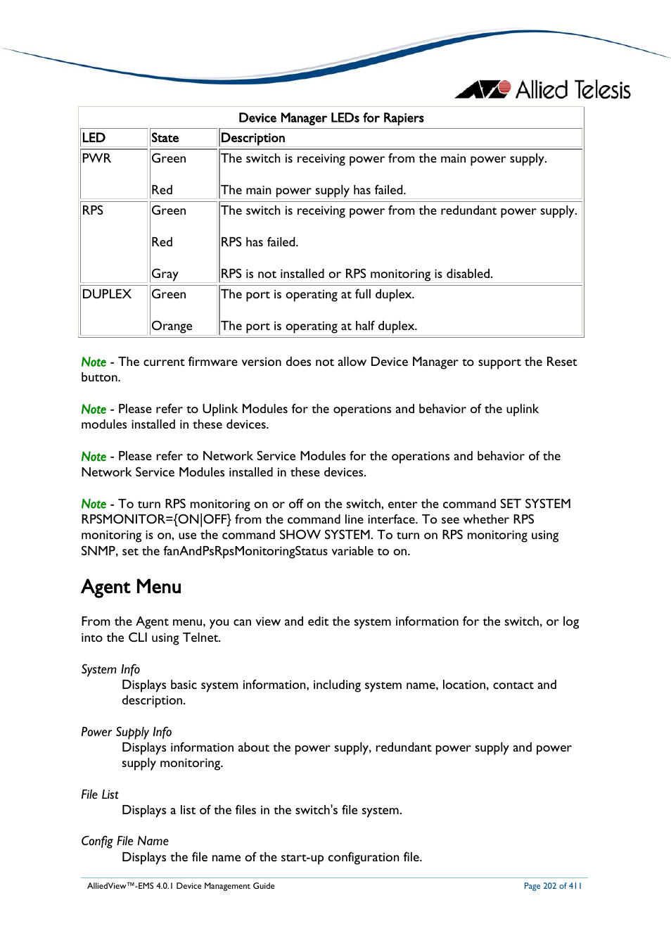 Agent menu | Allied Telesis AlliedView-EMS 4.0.1 DEVICE MANAGEMENT User Manual | Page 202 / 411