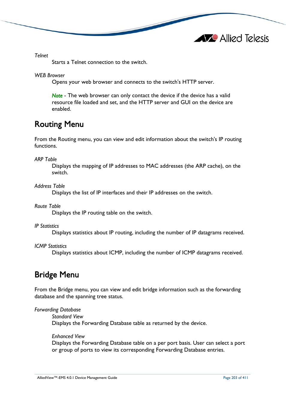 Routing menu, Bridge menu, Ridge | Allied Telesis AlliedView-EMS 4.0.1 DEVICE MANAGEMENT User Manual | Page 203 / 411