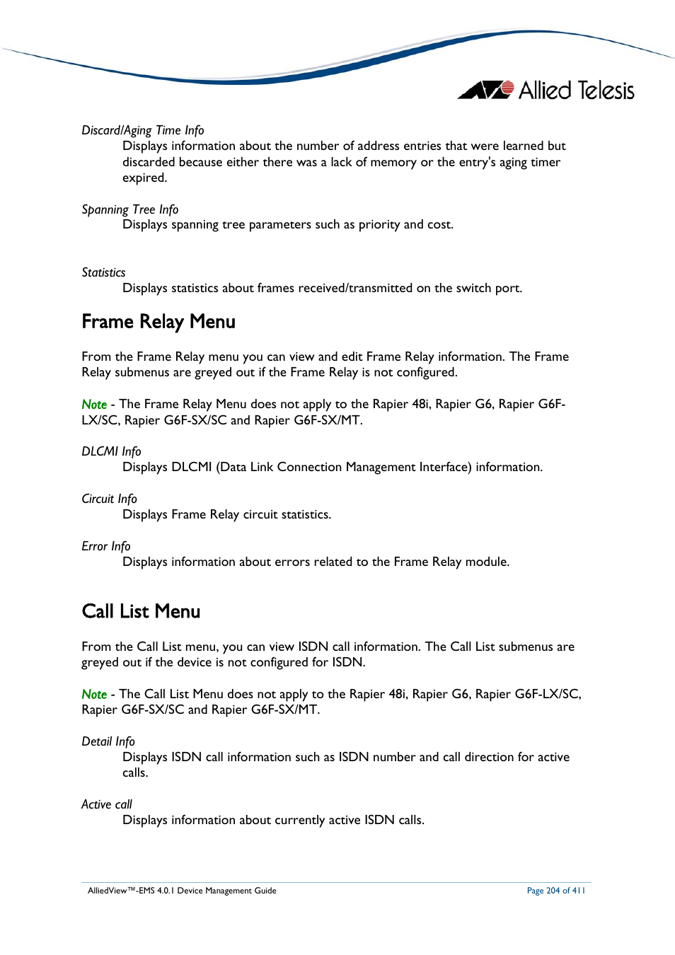 Frame relay menu, Call list menu | Allied Telesis AlliedView-EMS 4.0.1 DEVICE MANAGEMENT User Manual | Page 204 / 411