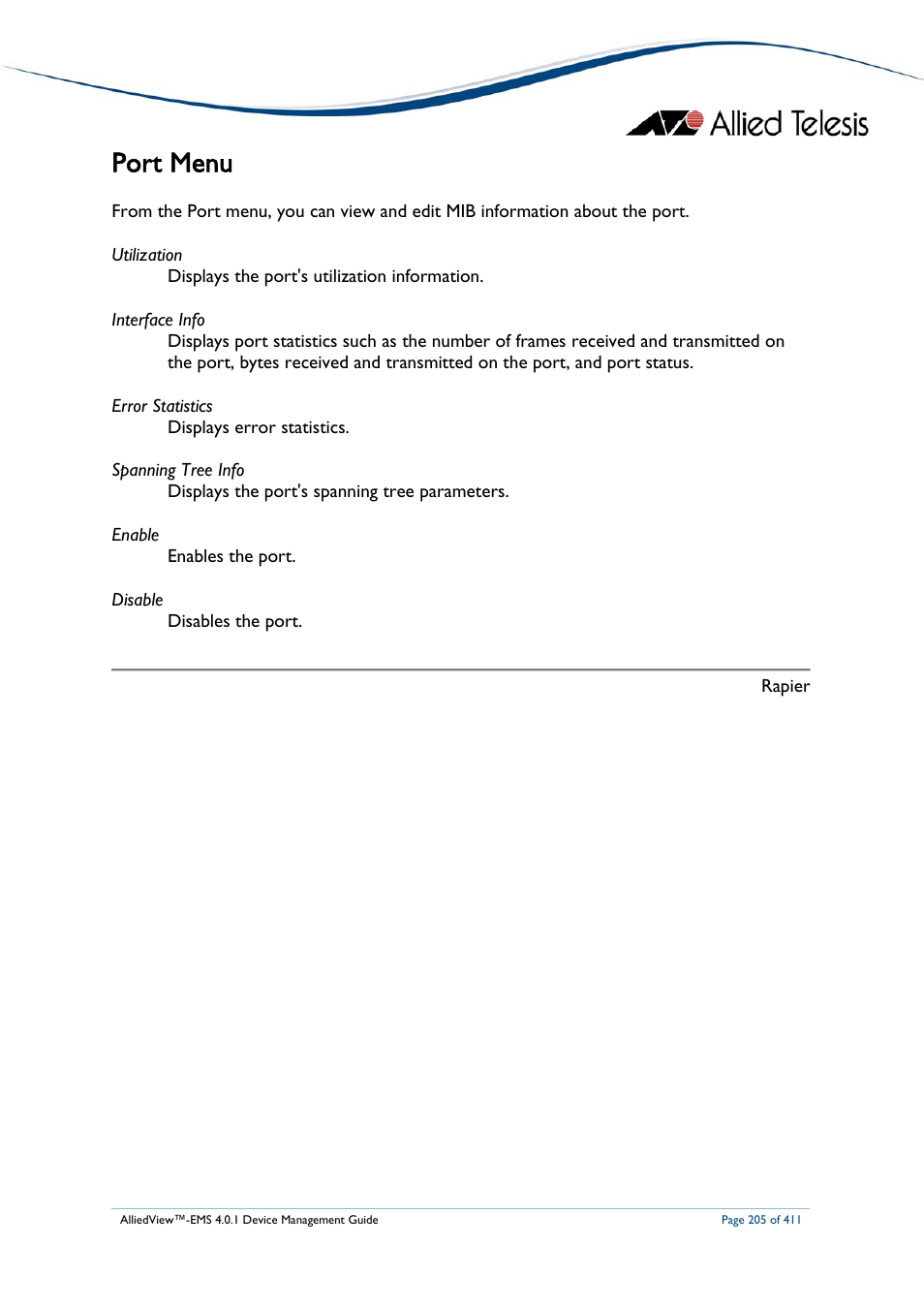 Port menu | Allied Telesis AlliedView-EMS 4.0.1 DEVICE MANAGEMENT User Manual | Page 205 / 411