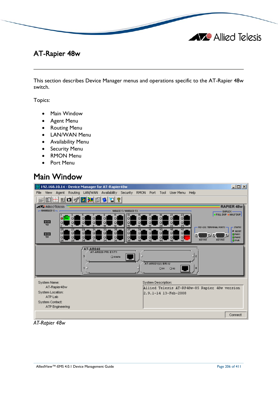 At-rapier 48w, Main window, At-r | Apier | Allied Telesis AlliedView-EMS 4.0.1 DEVICE MANAGEMENT User Manual | Page 206 / 411