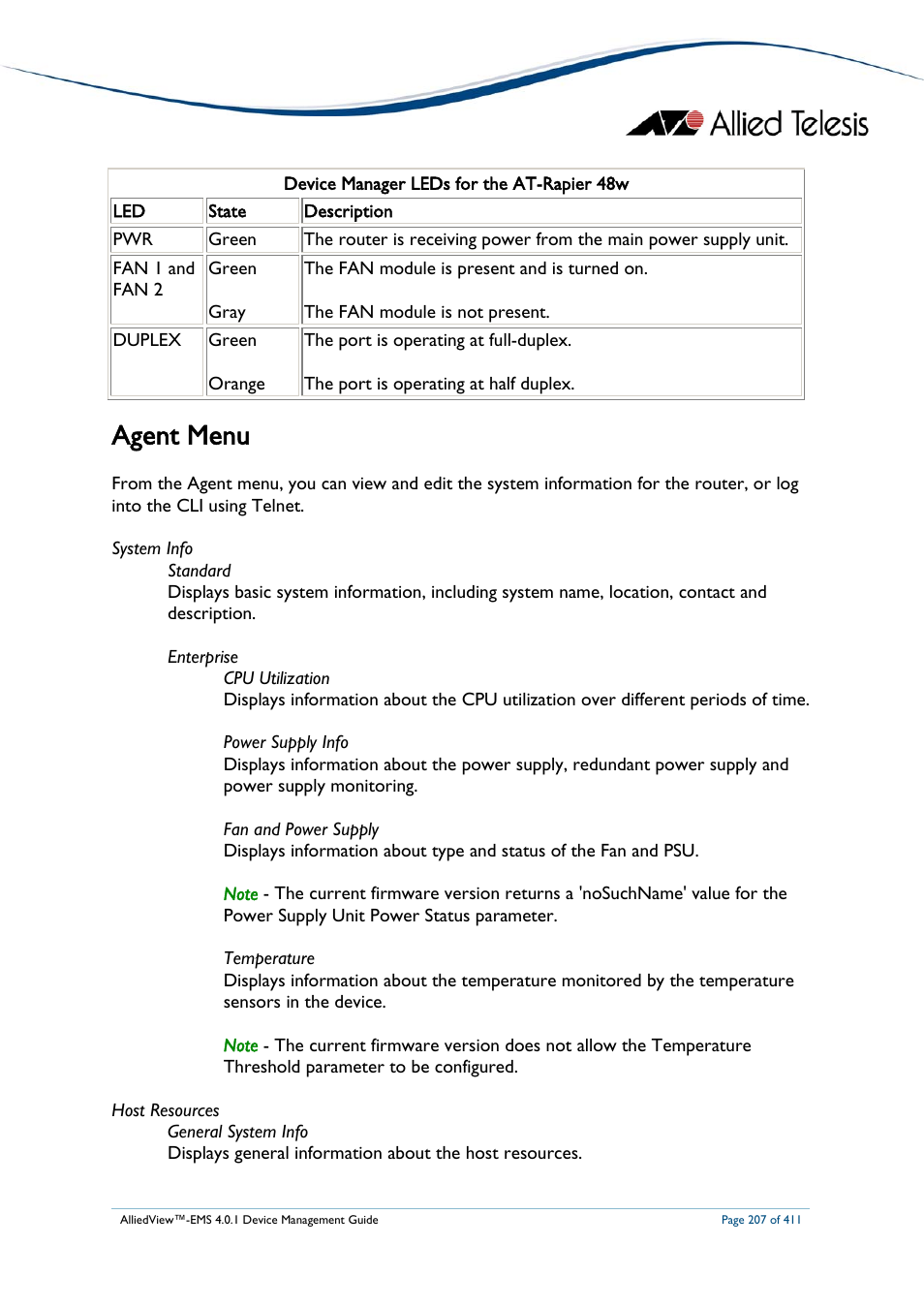 Agent menu | Allied Telesis AlliedView-EMS 4.0.1 DEVICE MANAGEMENT User Manual | Page 207 / 411