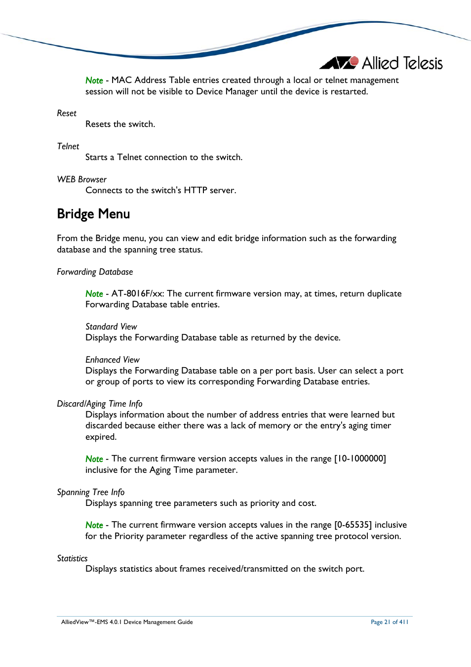 Bridge menu | Allied Telesis AlliedView-EMS 4.0.1 DEVICE MANAGEMENT User Manual | Page 21 / 411