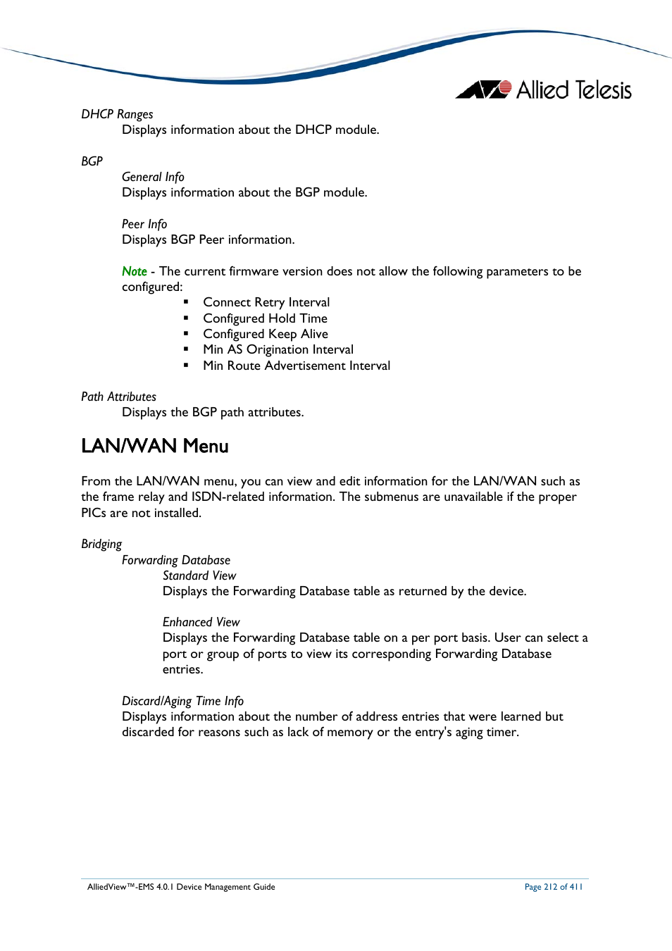 Lan/wan menu | Allied Telesis AlliedView-EMS 4.0.1 DEVICE MANAGEMENT User Manual | Page 212 / 411