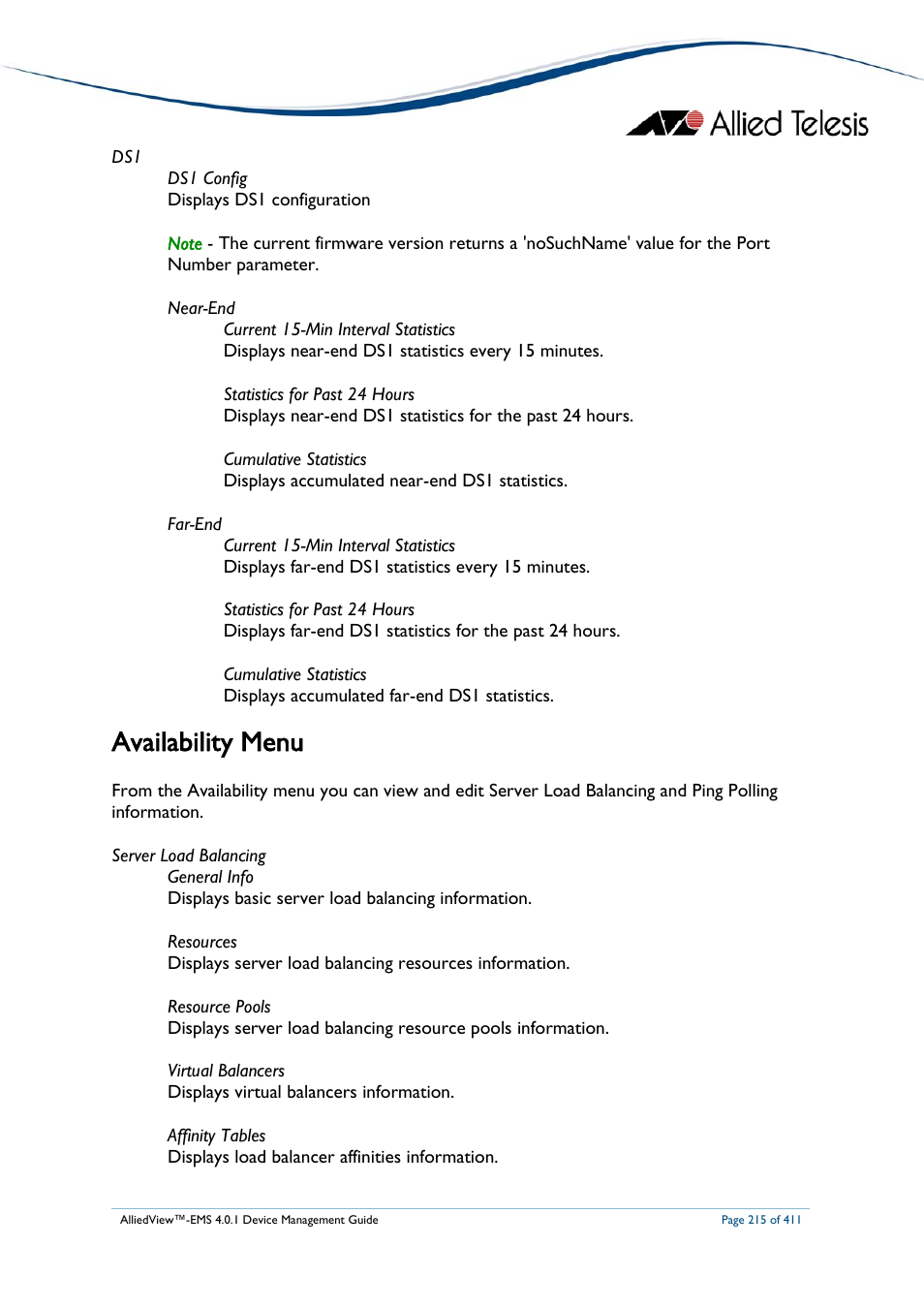 Availability menu | Allied Telesis AlliedView-EMS 4.0.1 DEVICE MANAGEMENT User Manual | Page 215 / 411