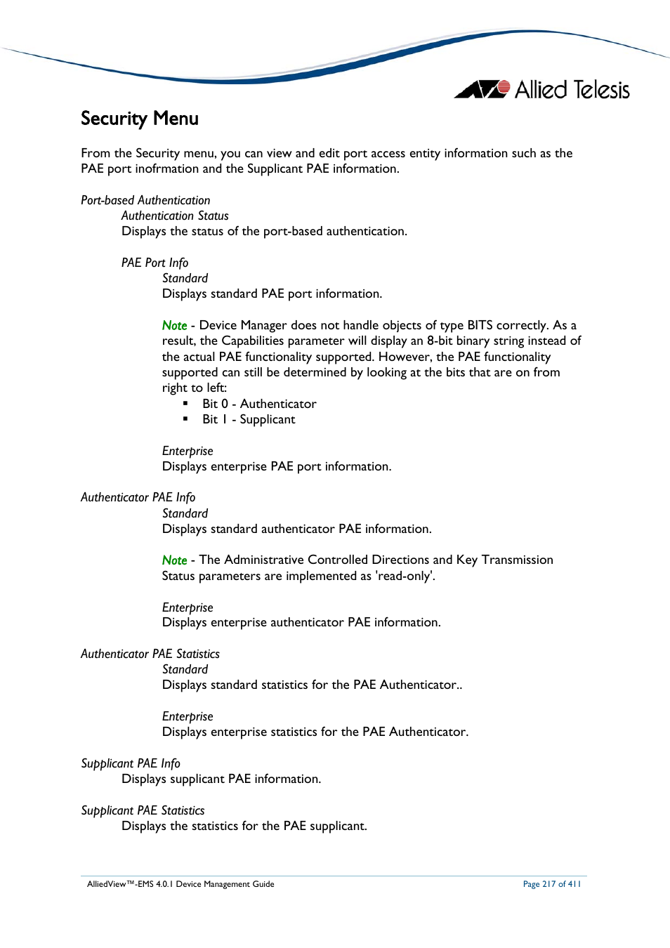 Security menu | Allied Telesis AlliedView-EMS 4.0.1 DEVICE MANAGEMENT User Manual | Page 217 / 411