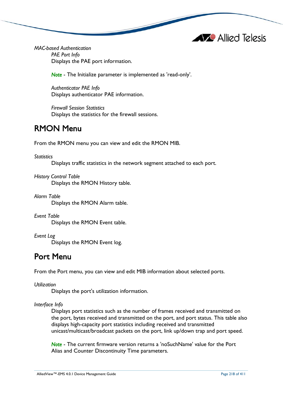 Rmon menu, Port menu | Allied Telesis AlliedView-EMS 4.0.1 DEVICE MANAGEMENT User Manual | Page 218 / 411