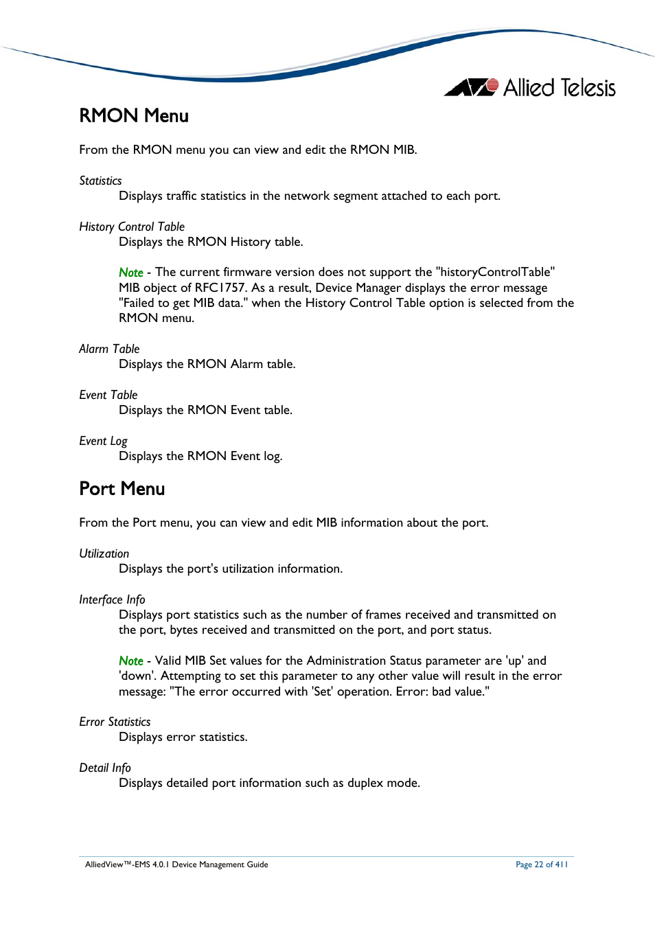 Rmon menu, Port menu, Rmon menu port menu | Allied Telesis AlliedView-EMS 4.0.1 DEVICE MANAGEMENT User Manual | Page 22 / 411