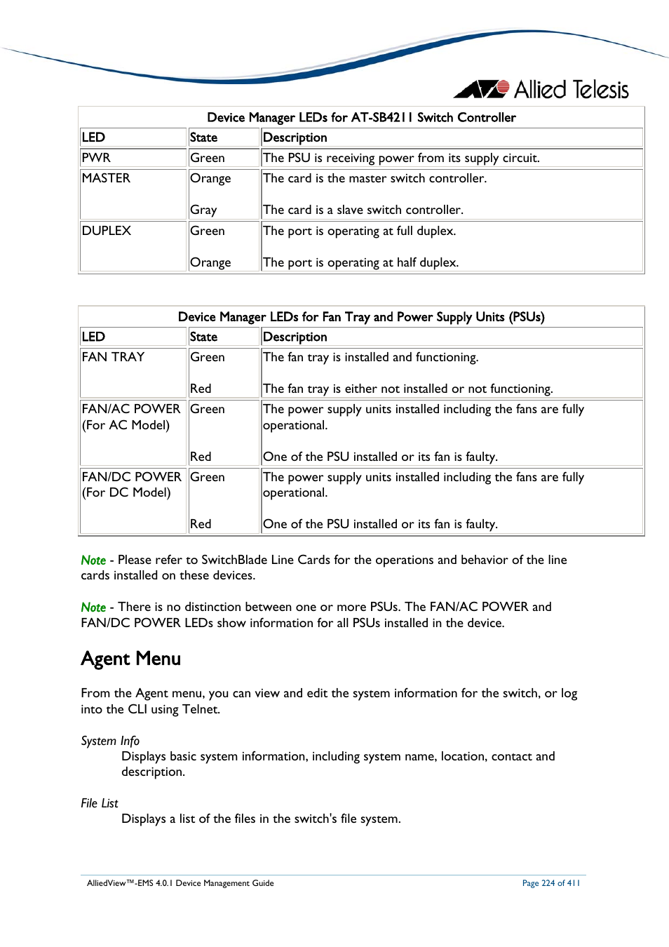 Agent menu | Allied Telesis AlliedView-EMS 4.0.1 DEVICE MANAGEMENT User Manual | Page 224 / 411