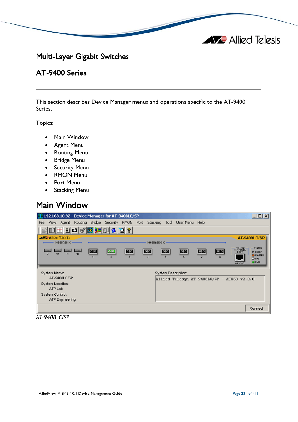 Multi-layer gigabit switches, At-9400 series, Main window | At-9400, Eries, Multi-layer gigabit switches at-9400 series | Allied Telesis AlliedView-EMS 4.0.1 DEVICE MANAGEMENT User Manual | Page 231 / 411