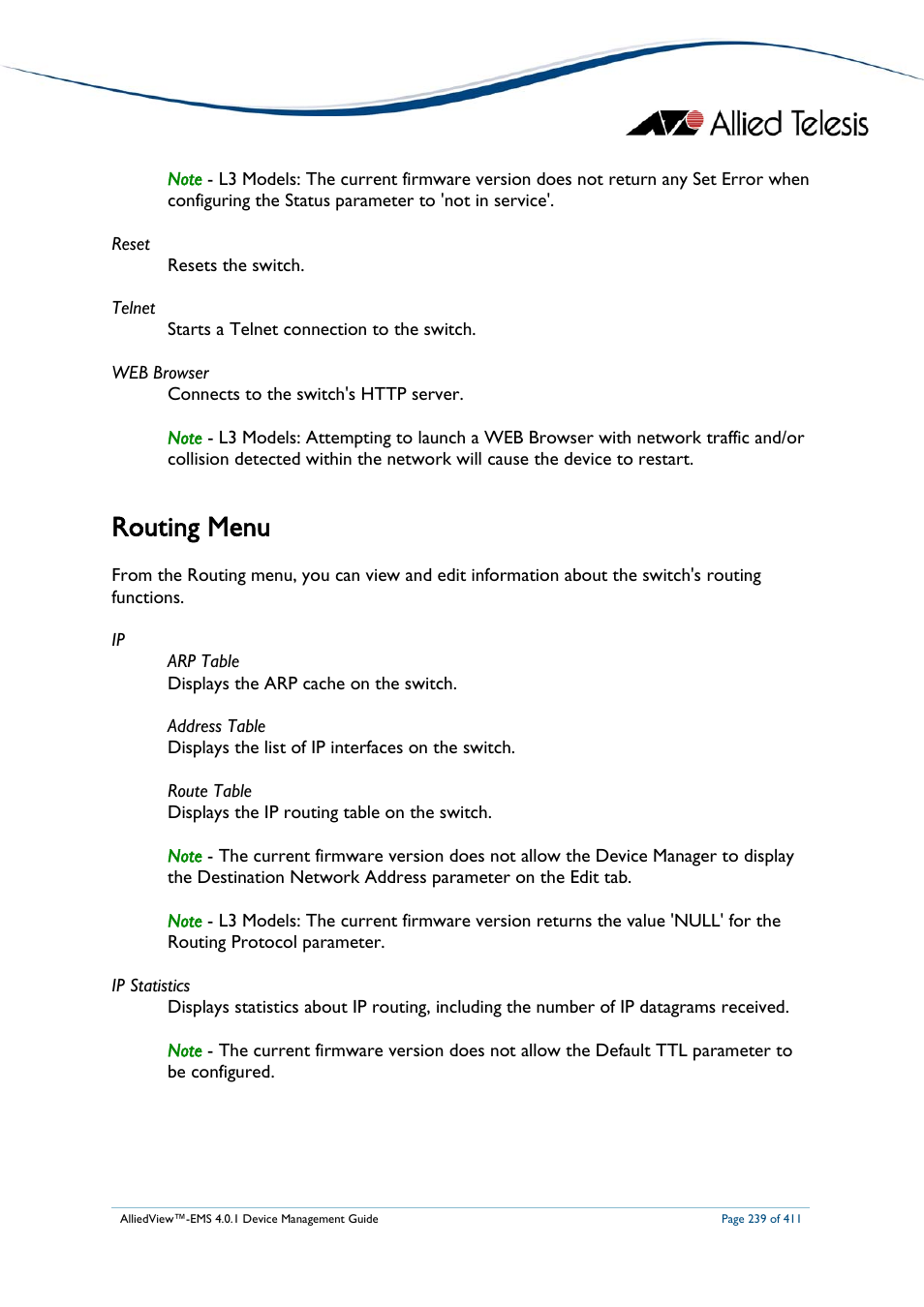 Routing menu | Allied Telesis AlliedView-EMS 4.0.1 DEVICE MANAGEMENT User Manual | Page 239 / 411