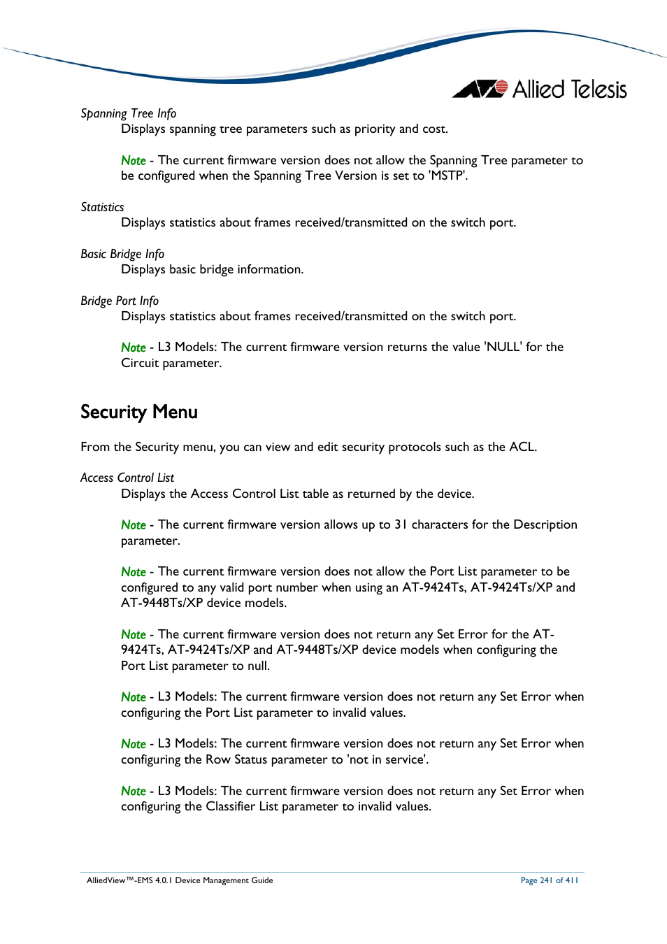 Security menu | Allied Telesis AlliedView-EMS 4.0.1 DEVICE MANAGEMENT User Manual | Page 241 / 411