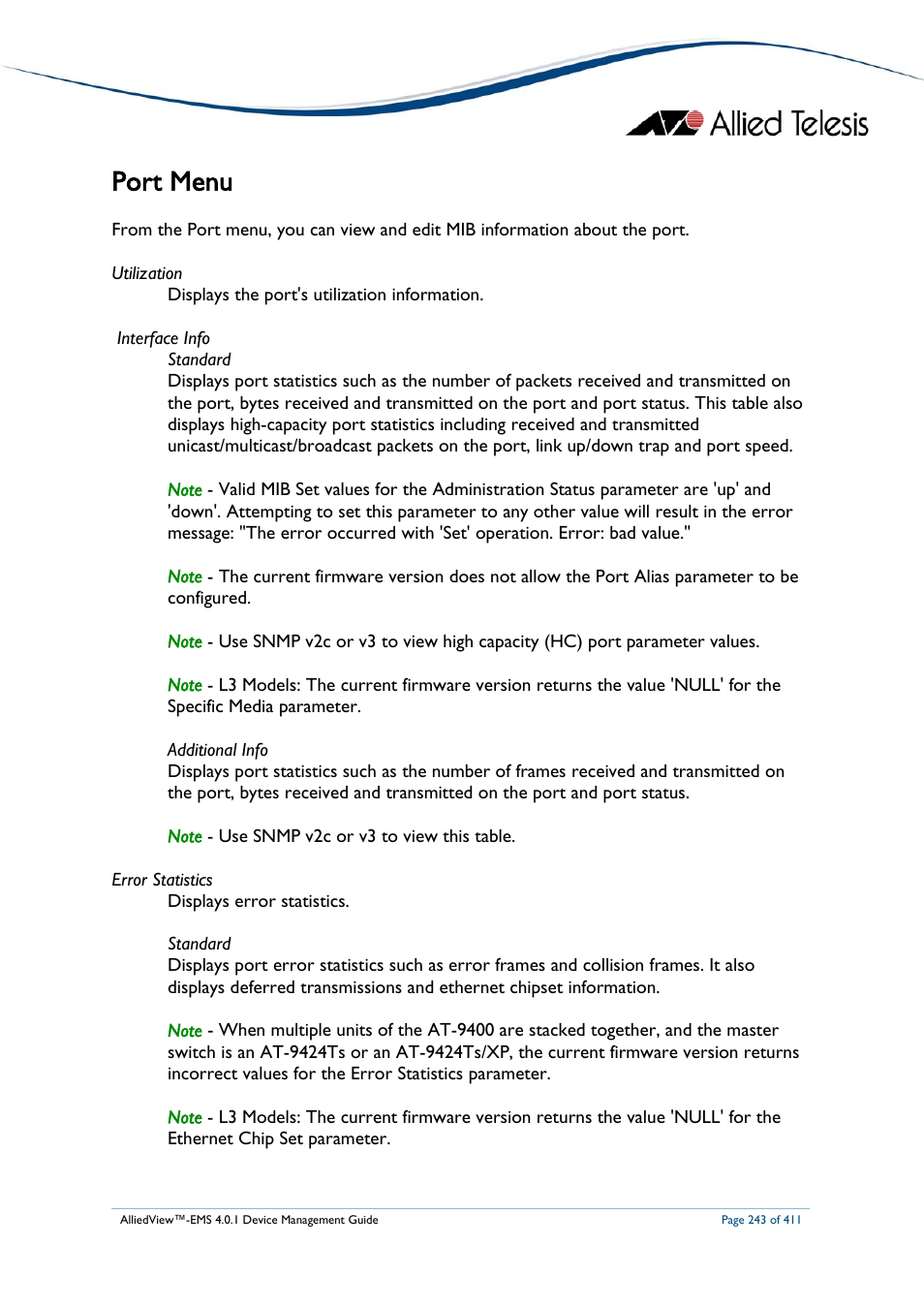 Port menu | Allied Telesis AlliedView-EMS 4.0.1 DEVICE MANAGEMENT User Manual | Page 243 / 411