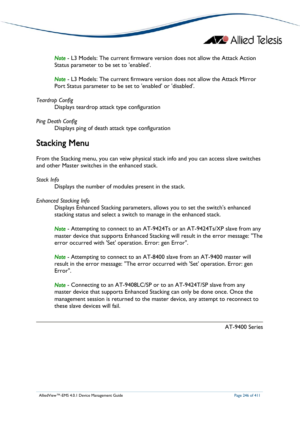 Stacking menu | Allied Telesis AlliedView-EMS 4.0.1 DEVICE MANAGEMENT User Manual | Page 246 / 411