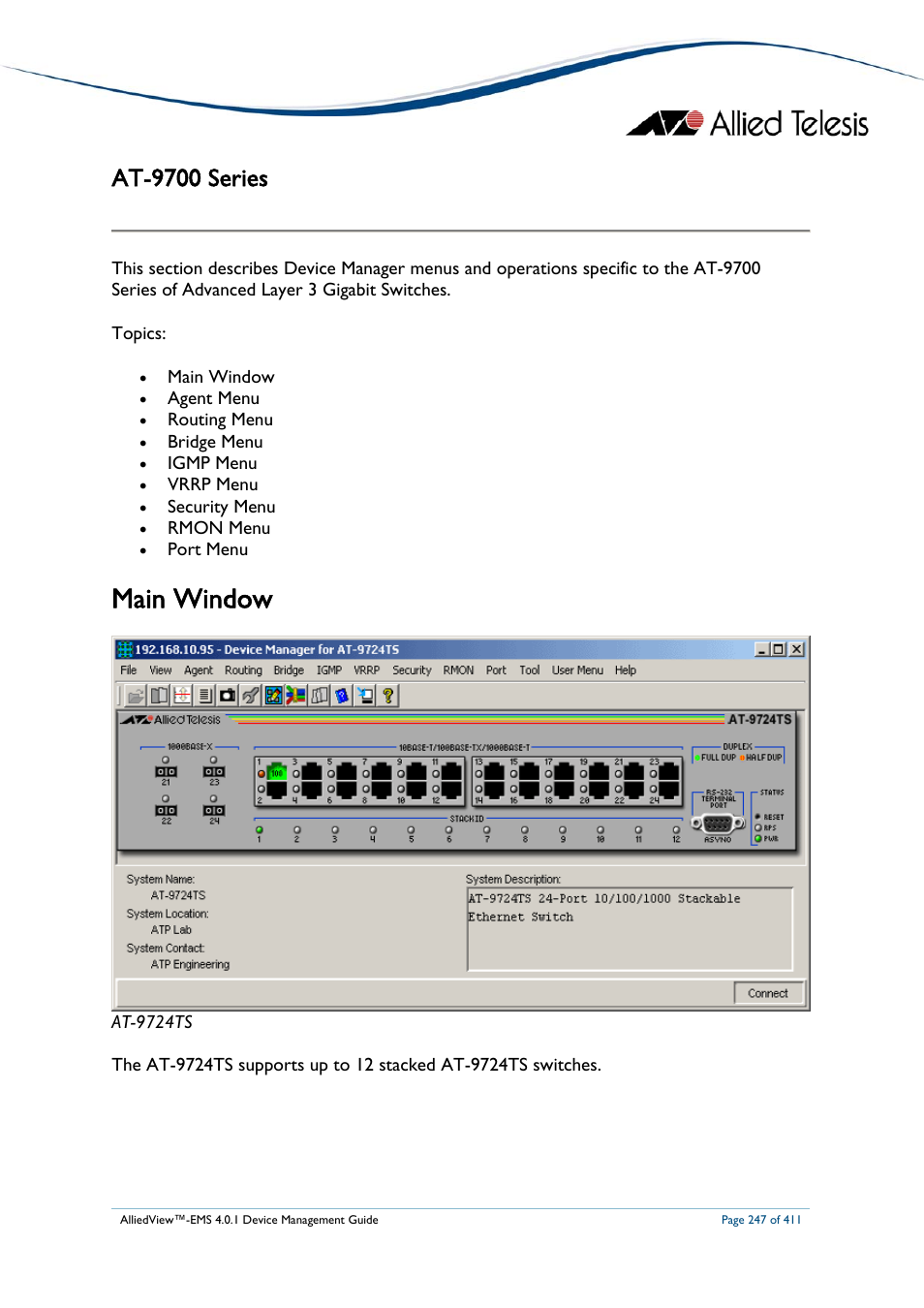 At-9700 series, Main window, At-9700 | Eries | Allied Telesis AlliedView-EMS 4.0.1 DEVICE MANAGEMENT User Manual | Page 247 / 411