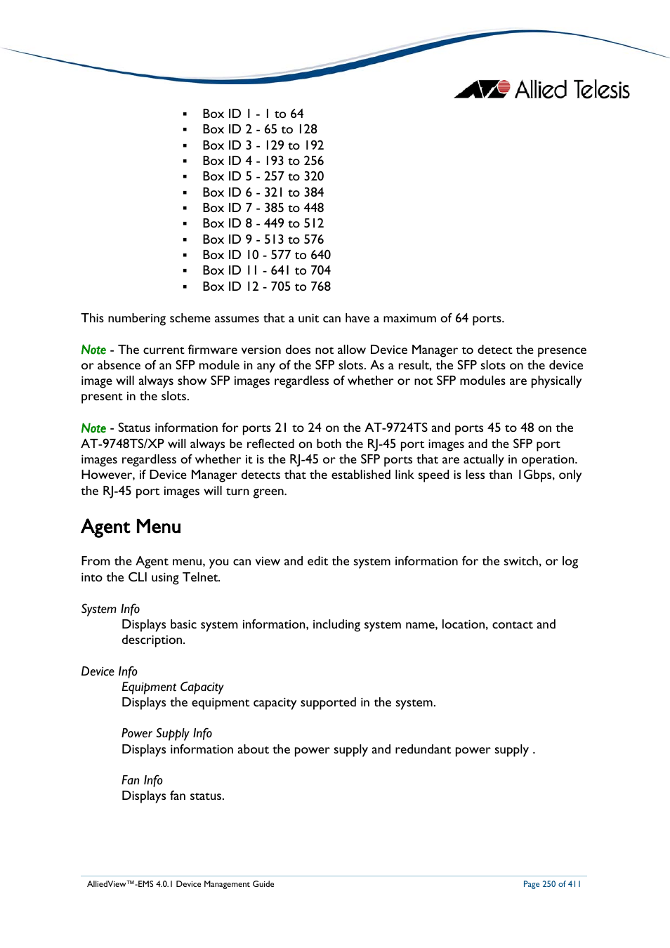 Agent menu | Allied Telesis AlliedView-EMS 4.0.1 DEVICE MANAGEMENT User Manual | Page 250 / 411