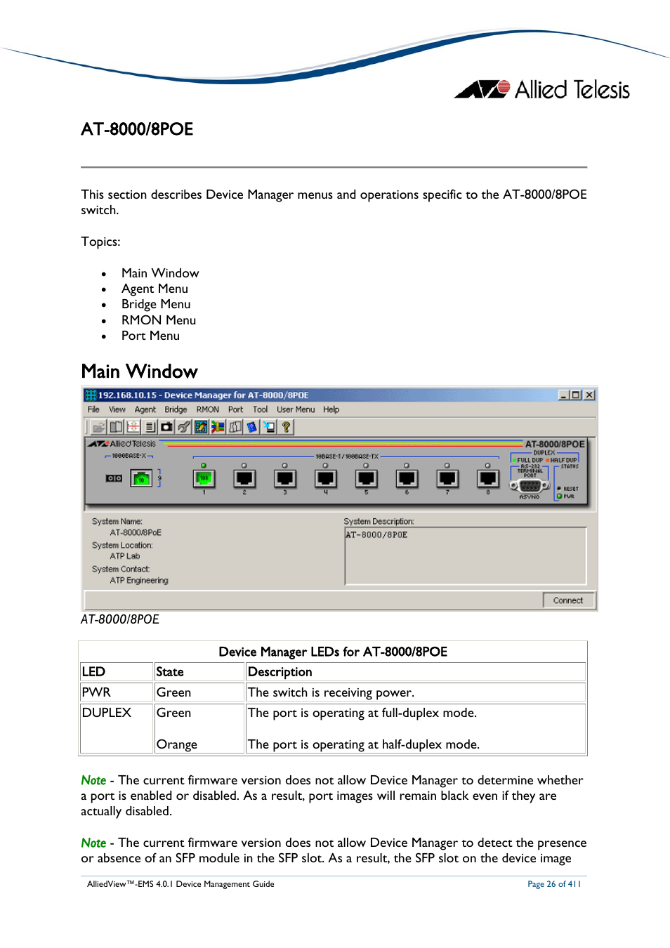 At-8000/8poe, Main window | Allied Telesis AlliedView-EMS 4.0.1 DEVICE MANAGEMENT User Manual | Page 26 / 411