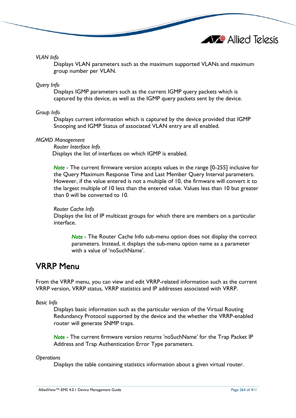 Vrrp menu | Allied Telesis AlliedView-EMS 4.0.1 DEVICE MANAGEMENT User Manual | Page 264 / 411
