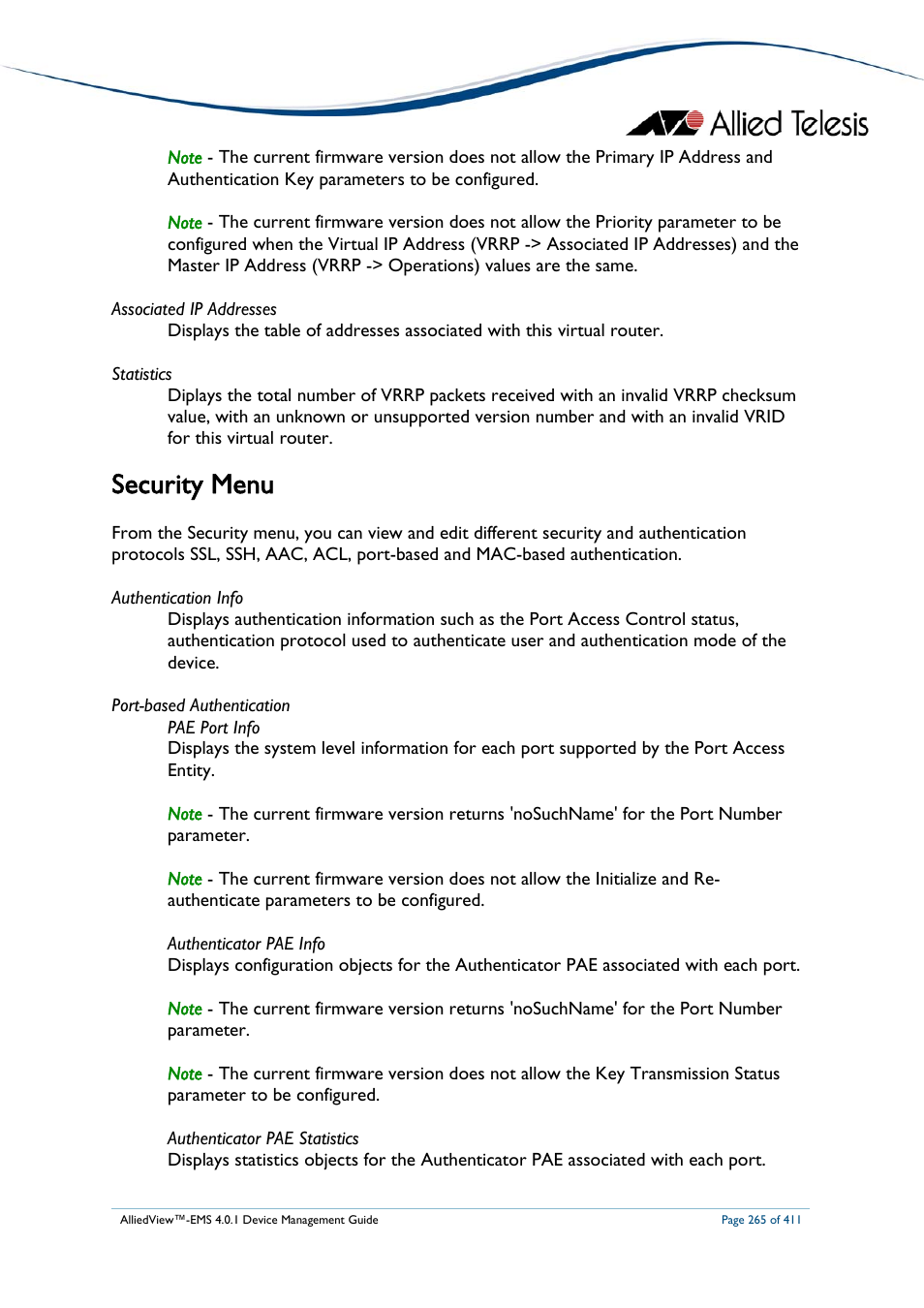 Security menu | Allied Telesis AlliedView-EMS 4.0.1 DEVICE MANAGEMENT User Manual | Page 265 / 411