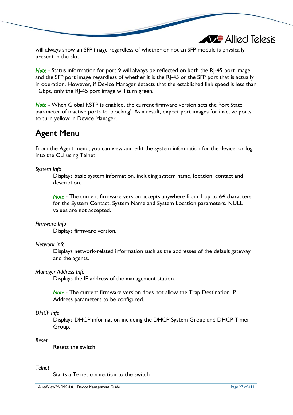 Agent menu | Allied Telesis AlliedView-EMS 4.0.1 DEVICE MANAGEMENT User Manual | Page 27 / 411