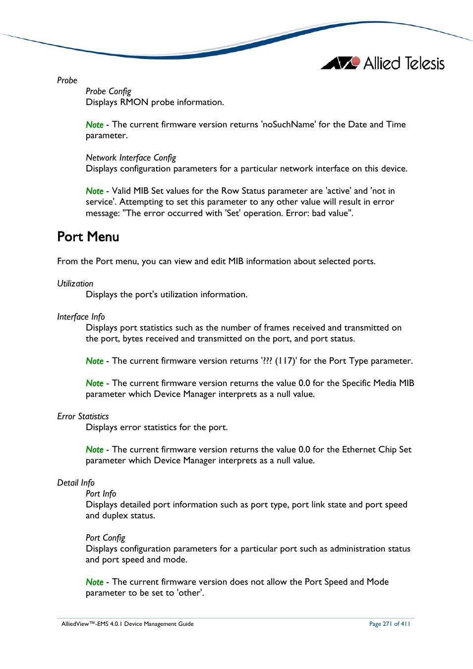 Port menu | Allied Telesis AlliedView-EMS 4.0.1 DEVICE MANAGEMENT User Manual | Page 271 / 411