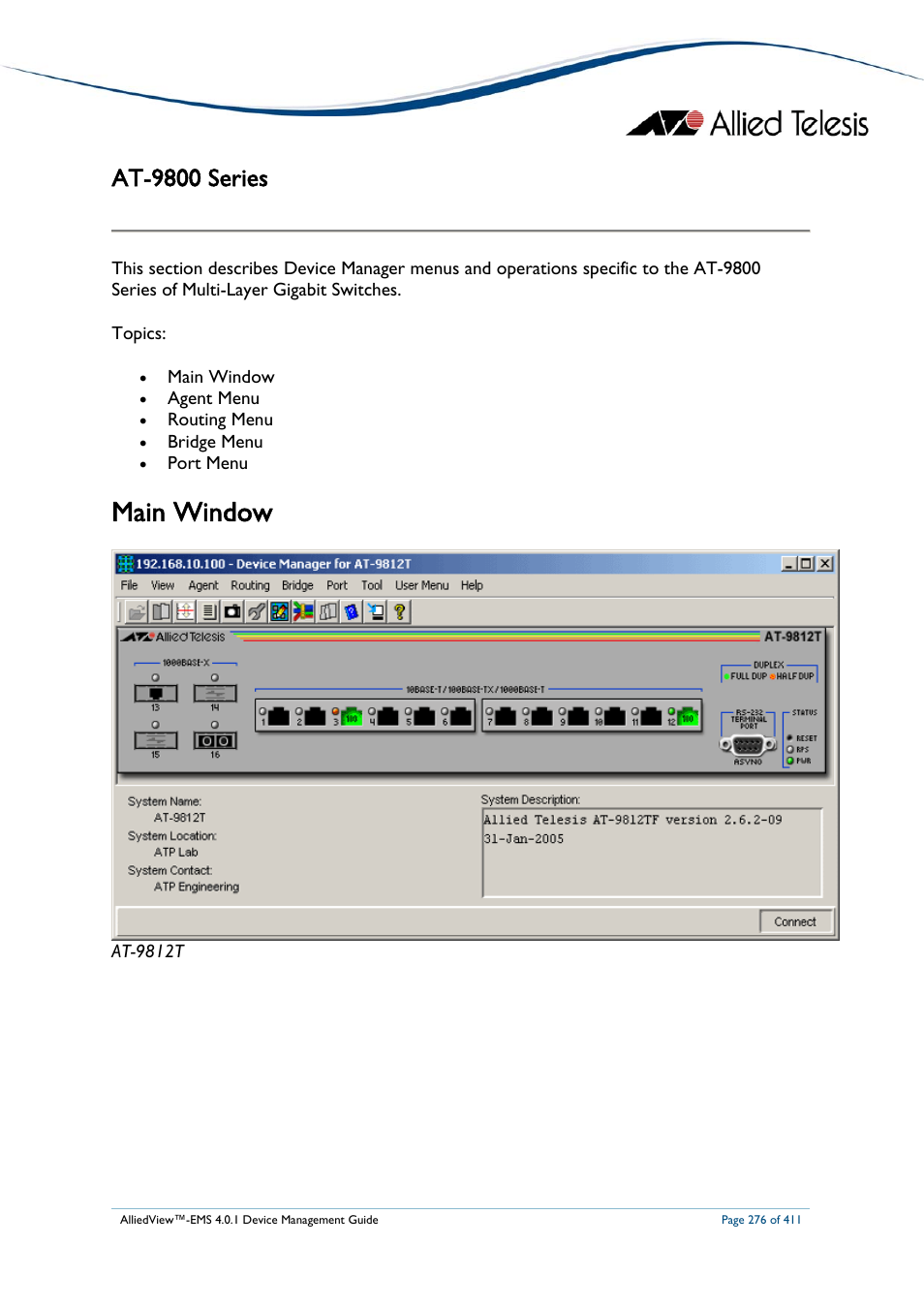 At-9800 series, Main window, At-9800 | Eries | Allied Telesis AlliedView-EMS 4.0.1 DEVICE MANAGEMENT User Manual | Page 276 / 411