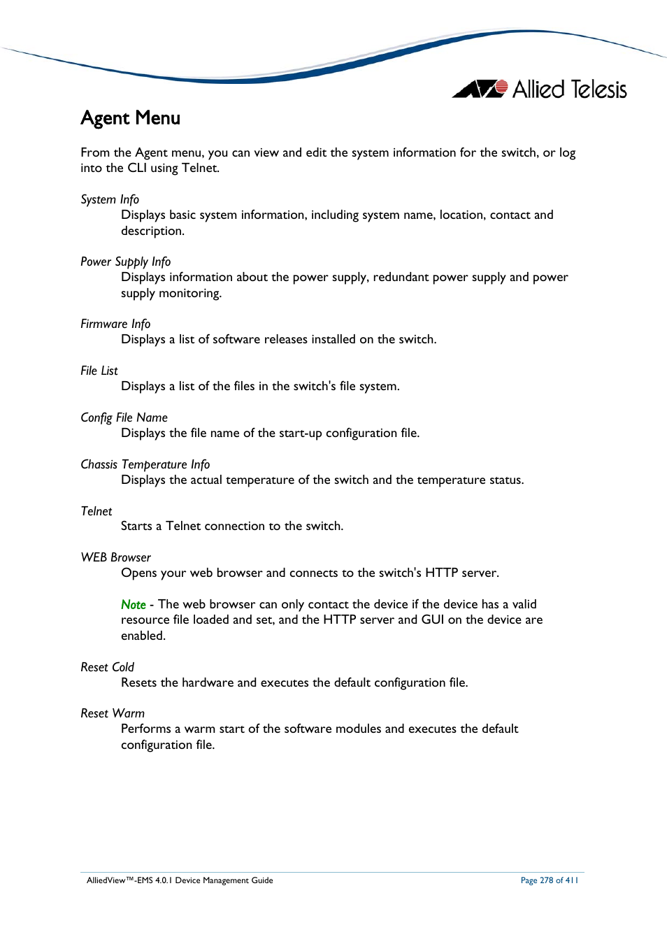 Agent menu | Allied Telesis AlliedView-EMS 4.0.1 DEVICE MANAGEMENT User Manual | Page 278 / 411