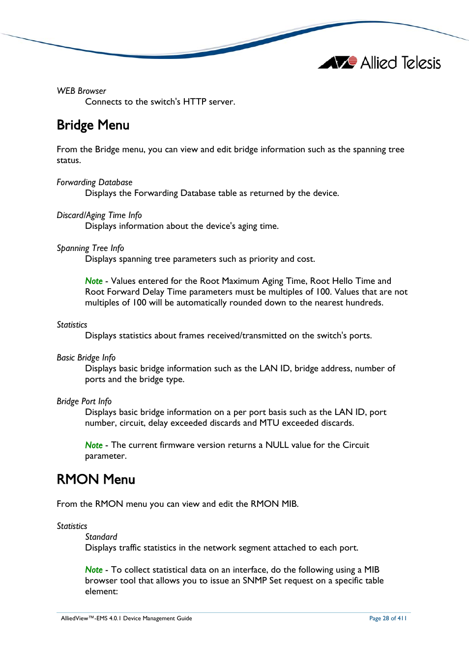 Bridge menu, Rmon menu, Bridg | E menu | Allied Telesis AlliedView-EMS 4.0.1 DEVICE MANAGEMENT User Manual | Page 28 / 411