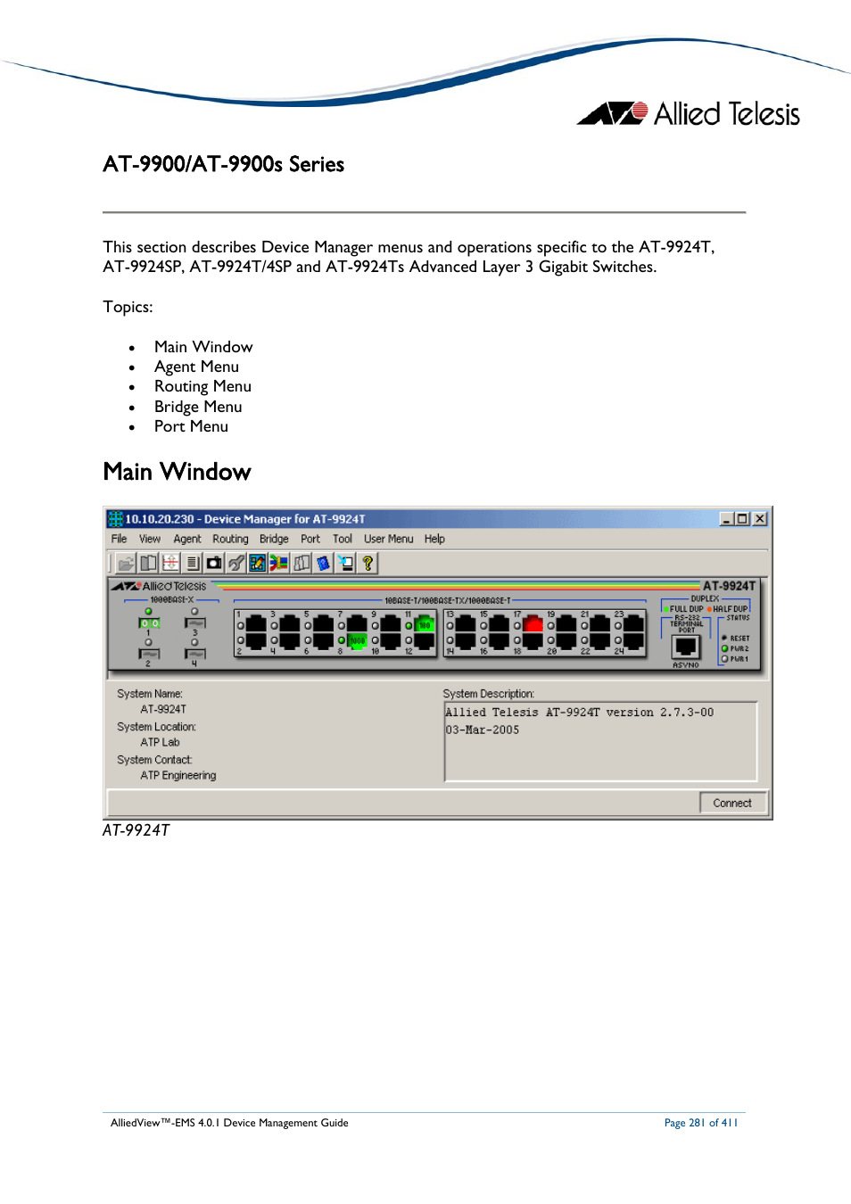 At-9900/at-9900s series, Main window, At-9900/at-9900 | Eries | Allied Telesis AlliedView-EMS 4.0.1 DEVICE MANAGEMENT User Manual | Page 281 / 411