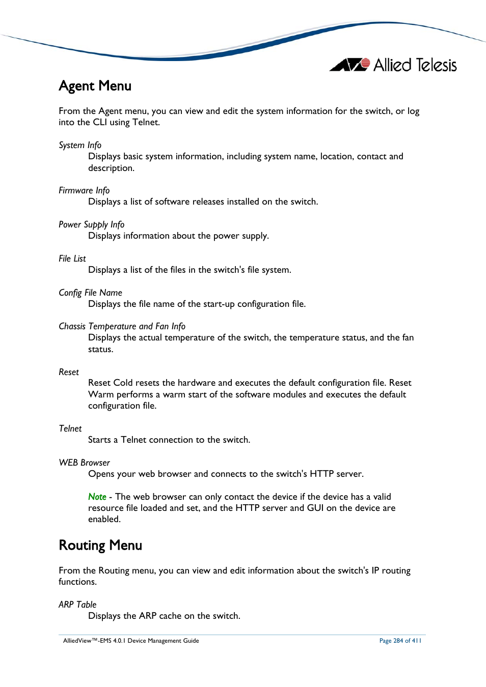 Agent menu, Routing menu | Allied Telesis AlliedView-EMS 4.0.1 DEVICE MANAGEMENT User Manual | Page 284 / 411