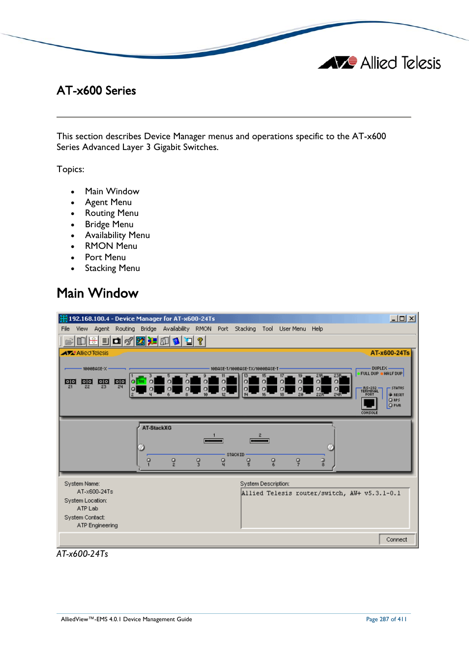 At-x600 series, Main window, Eries | Allied Telesis AlliedView-EMS 4.0.1 DEVICE MANAGEMENT User Manual | Page 287 / 411