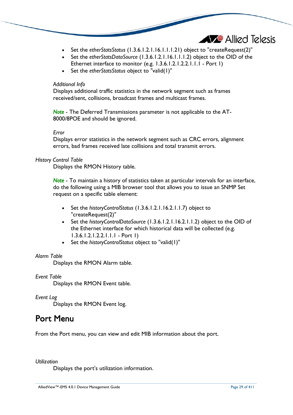 Port menu, Ort menu | Allied Telesis AlliedView-EMS 4.0.1 DEVICE MANAGEMENT User Manual | Page 29 / 411