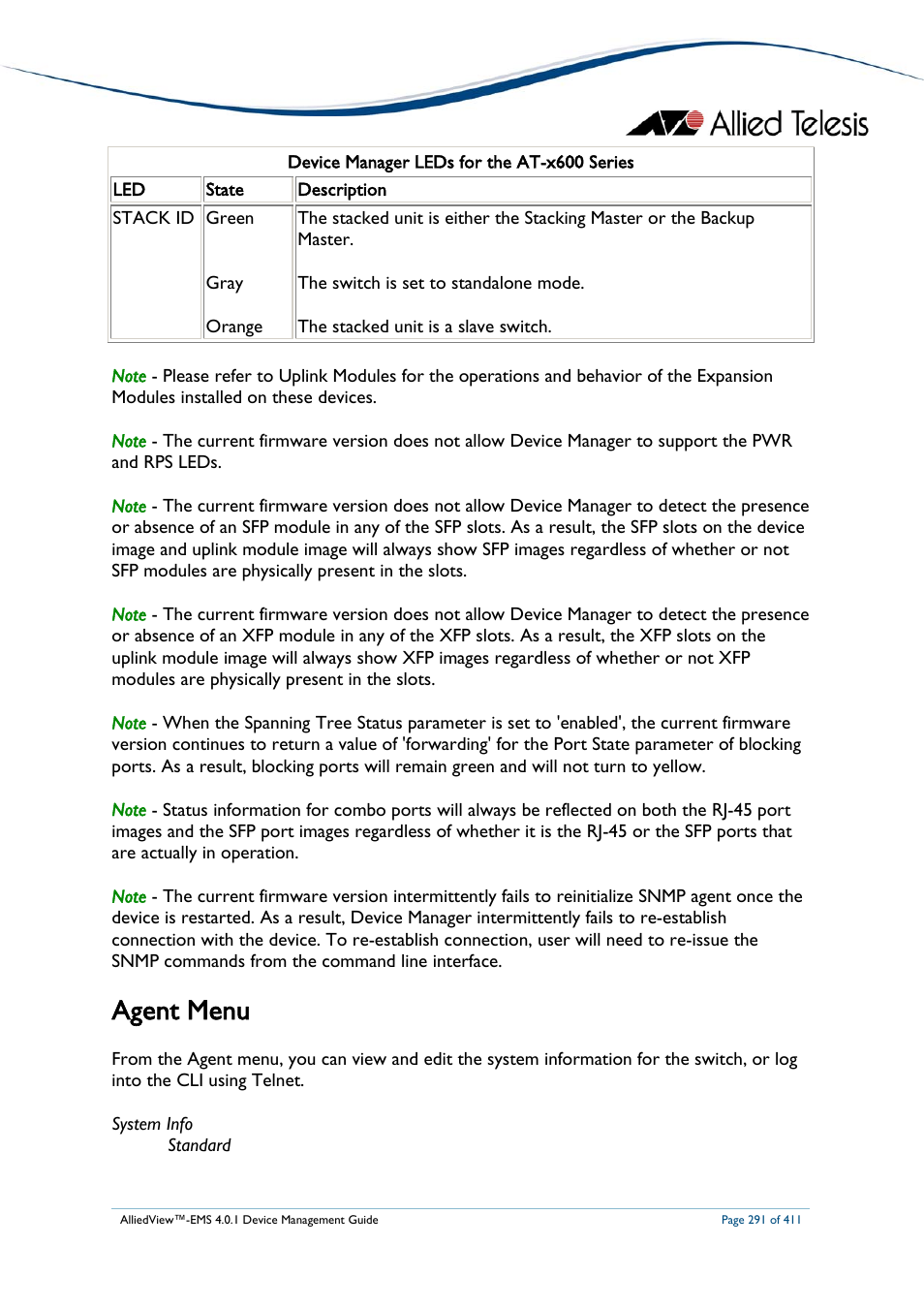 Agent menu | Allied Telesis AlliedView-EMS 4.0.1 DEVICE MANAGEMENT User Manual | Page 291 / 411