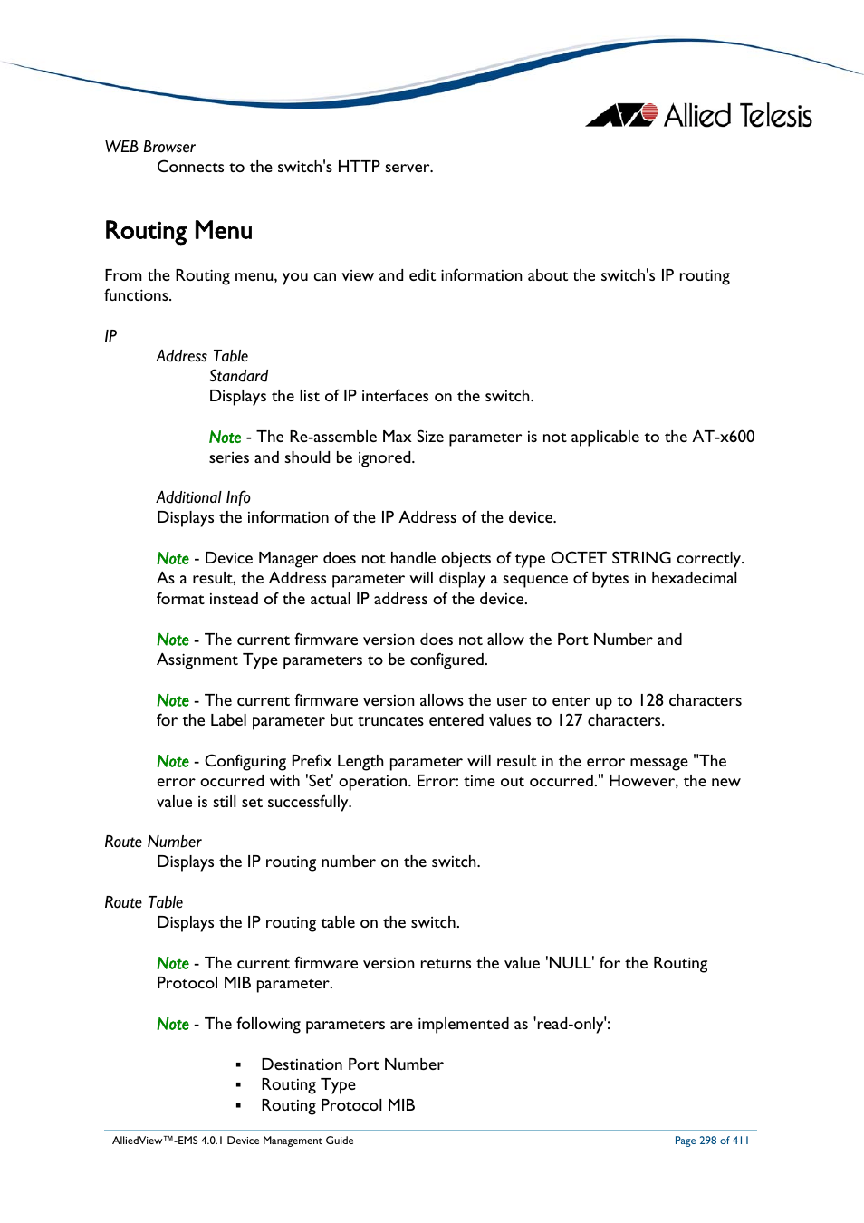 Routing menu | Allied Telesis AlliedView-EMS 4.0.1 DEVICE MANAGEMENT User Manual | Page 298 / 411