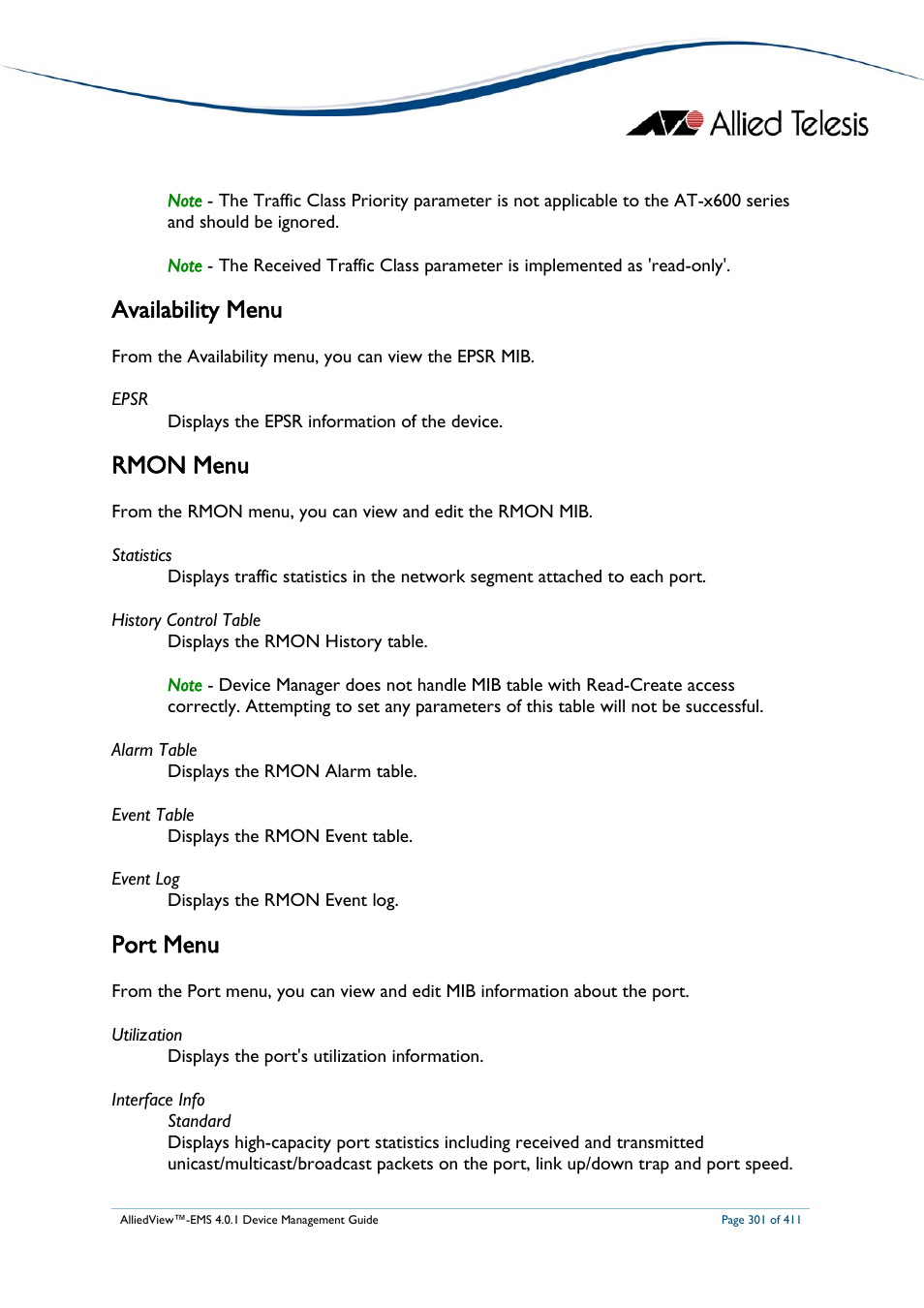 Availability menu, Rmon menu, Port menu | Allied Telesis AlliedView-EMS 4.0.1 DEVICE MANAGEMENT User Manual | Page 301 / 411