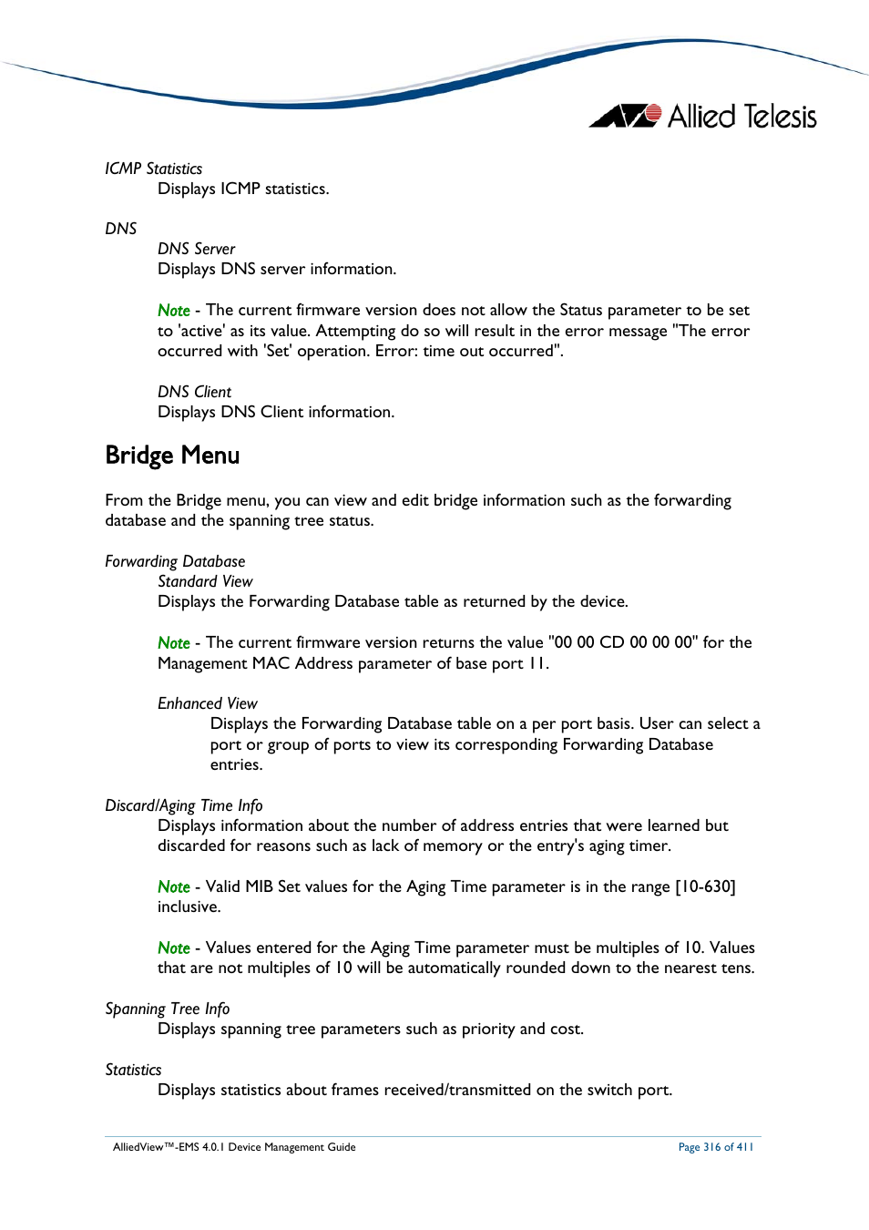 Bridge menu | Allied Telesis AlliedView-EMS 4.0.1 DEVICE MANAGEMENT User Manual | Page 316 / 411