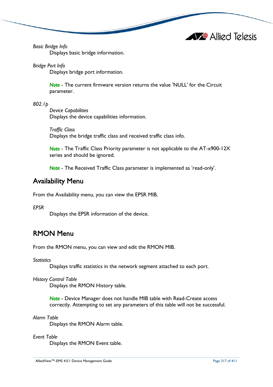 Availability menu, Rmon menu | Allied Telesis AlliedView-EMS 4.0.1 DEVICE MANAGEMENT User Manual | Page 317 / 411