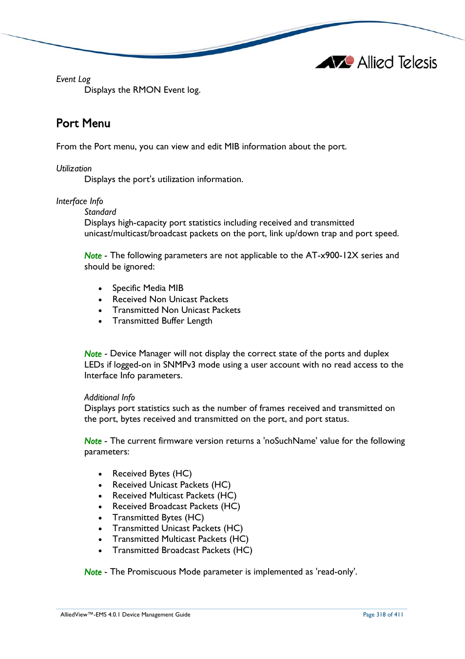 Port menu | Allied Telesis AlliedView-EMS 4.0.1 DEVICE MANAGEMENT User Manual | Page 318 / 411