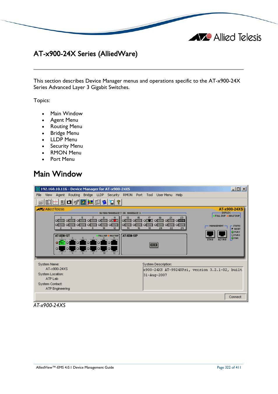 At-x900-24x series (alliedware), Main window, Eries | Llied | Allied Telesis AlliedView-EMS 4.0.1 DEVICE MANAGEMENT User Manual | Page 322 / 411