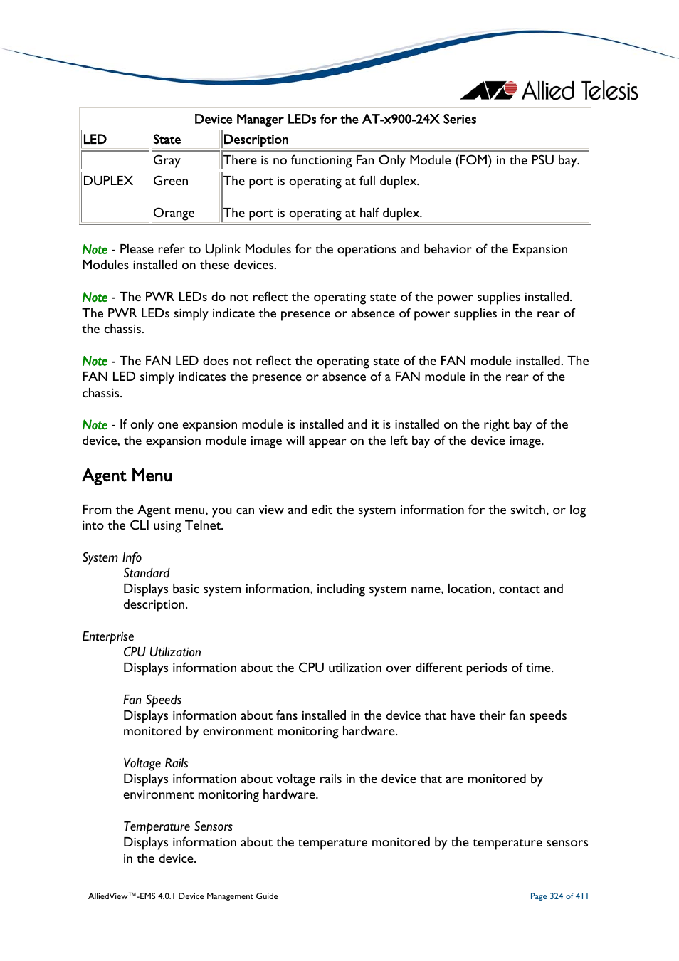 Agent menu | Allied Telesis AlliedView-EMS 4.0.1 DEVICE MANAGEMENT User Manual | Page 324 / 411