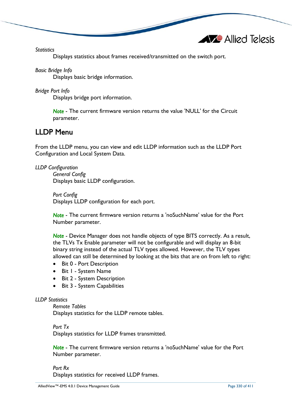 Lldp menu | Allied Telesis AlliedView-EMS 4.0.1 DEVICE MANAGEMENT User Manual | Page 330 / 411