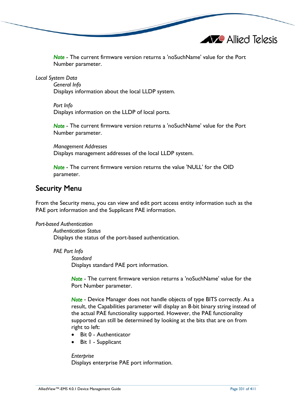 Security menu | Allied Telesis AlliedView-EMS 4.0.1 DEVICE MANAGEMENT User Manual | Page 331 / 411